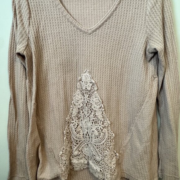 Altar’d State Size Small (S) Women's Taupe Waffle Knit V-Neck Top with Lace Deta - Picture 2 of 4
